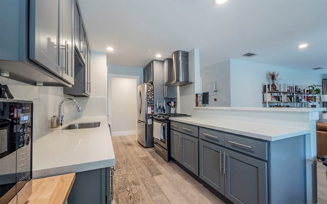 kitchen with sink, wall chimney exhaust hood, light wood-type flooring, kitchen peninsula, and stainless steel appliances