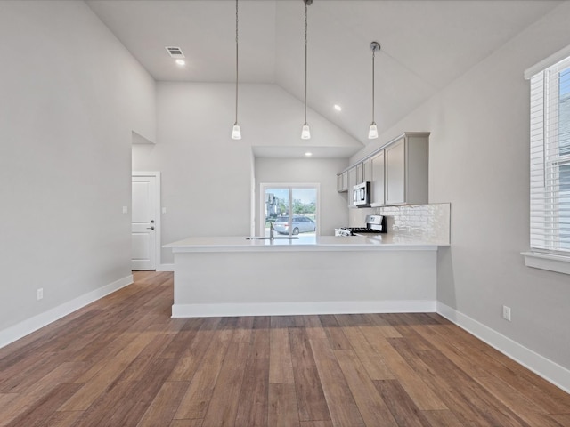 kitchen with kitchen peninsula, pendant lighting, stainless steel appliances, and dark hardwood / wood-style floors