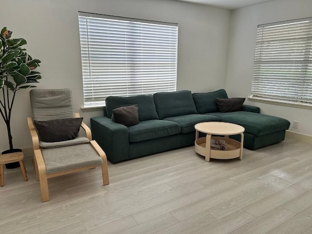 living room featuring light wood-type flooring and a healthy amount of sunlight