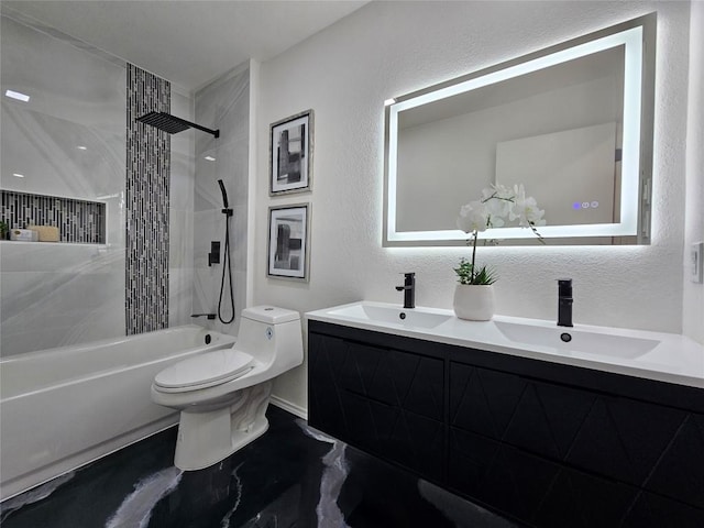 bathroom with toilet, double vanity, washtub / shower combination, and a sink