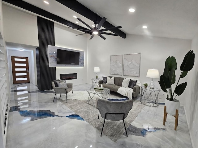 living area with a ceiling fan, a glass covered fireplace, vaulted ceiling with beams, marble finish floor, and recessed lighting