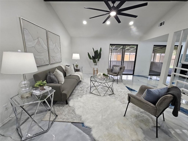 living area with high vaulted ceiling, recessed lighting, a ceiling fan, baseboards, and visible vents