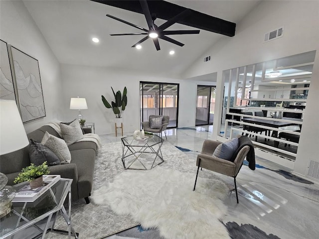 living area featuring high vaulted ceiling, recessed lighting, visible vents, and beamed ceiling