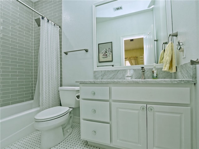 full bath with toilet, shower / tub combo, visible vents, and vanity