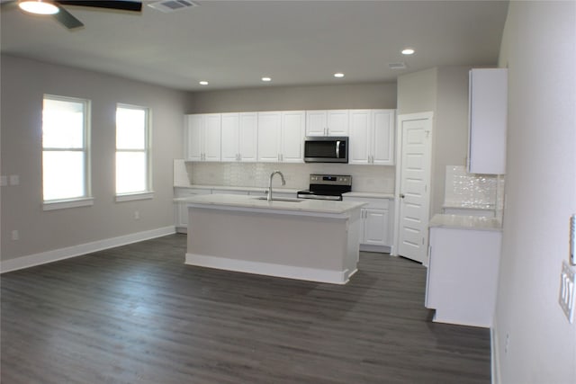 kitchen featuring backsplash, sink, dark hardwood / wood-style floors, appliances with stainless steel finishes, and white cabinetry