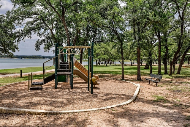 view of play area featuring a water view