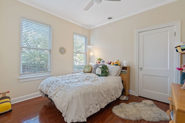 bedroom featuring ceiling fan, crown molding, and dark wood-type flooring