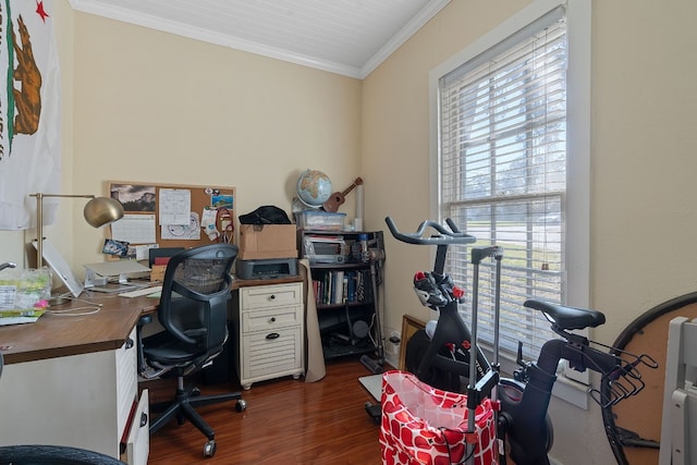 office space with dark hardwood / wood-style flooring, plenty of natural light, and ornamental molding