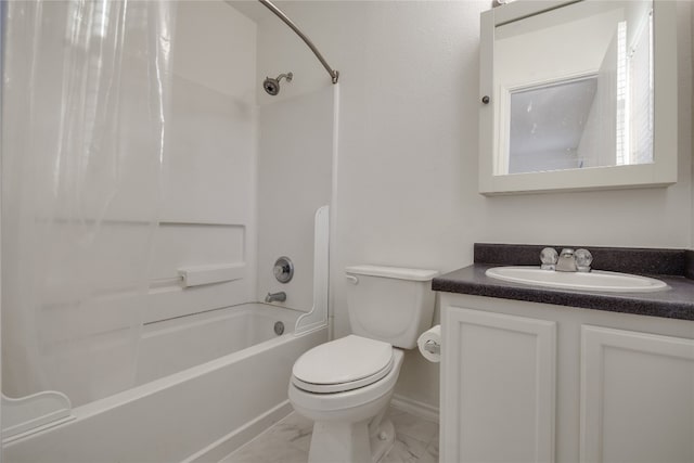 full bathroom with vanity, shower / bath combo, and toilet