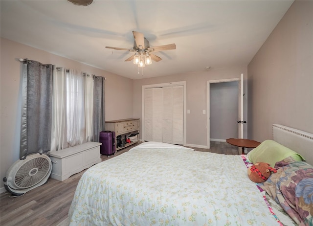 bedroom featuring ceiling fan, a closet, and wood-type flooring