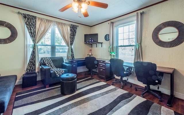 office featuring ceiling fan, dark hardwood / wood-style floors, and ornamental molding