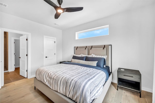 bedroom featuring ceiling fan and light hardwood / wood-style floors