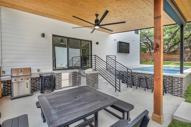 view of patio / terrace featuring a fenced in pool, grilling area, ceiling fan, and an outdoor kitchen