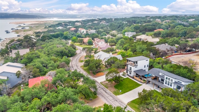 drone / aerial view featuring a water view