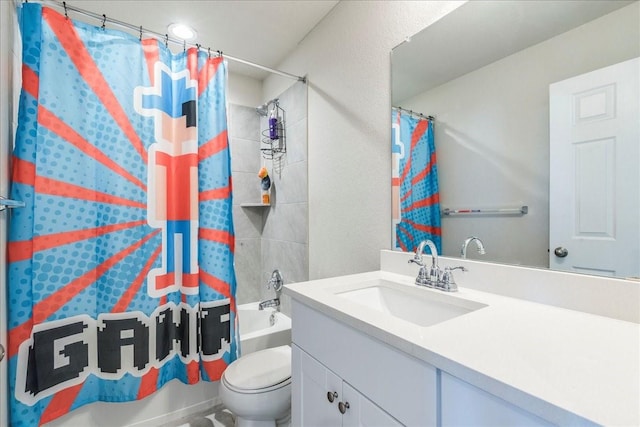 full bathroom featuring toilet, vanity, and shower / bathtub combination with curtain