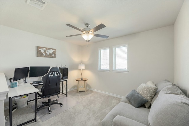 3925 Lyndsey Marie Ln, Pflugerville, TX 78660 - carpeted home office featuring baseboards, visible vents, and ceiling fan
