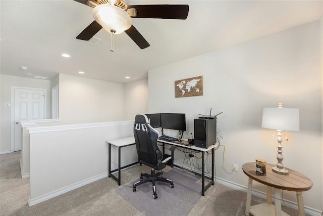 3925 Lyndsey Marie Ln, Pflugerville, TX 78660 - office with ceiling fan, carpet floors, visible vents, and baseboards