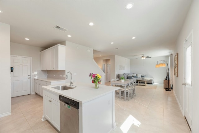 3925 Lyndsey Marie Ln, Pflugerville, TX 78660 - kitchen featuring a sink, open floor plan, visible vents, dishwasher, and light tile patterned floors