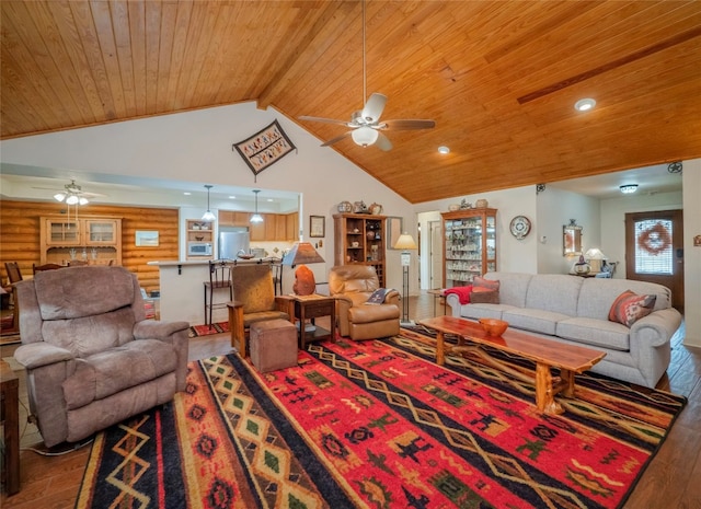 living room featuring wood-type flooring, ceiling fan, wood ceiling, and high vaulted ceiling