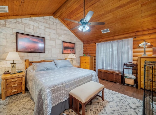 bedroom featuring wood ceiling, lofted ceiling with beams, light hardwood / wood-style floors, and rustic walls