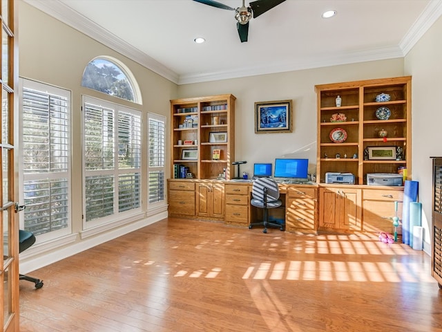 office space with light hardwood / wood-style flooring, ceiling fan, and crown molding