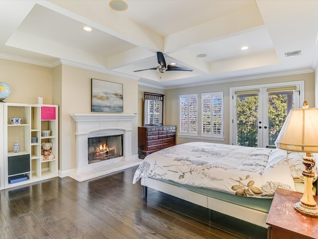 bedroom with french doors, dark hardwood / wood-style flooring, access to outside, ceiling fan, and crown molding