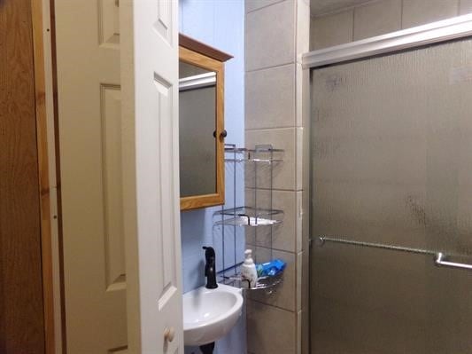 bathroom with a shower with door and sink