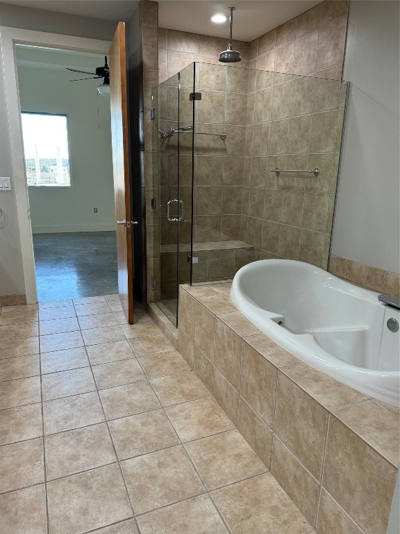 bathroom featuring ceiling fan, tile patterned flooring, and plus walk in shower