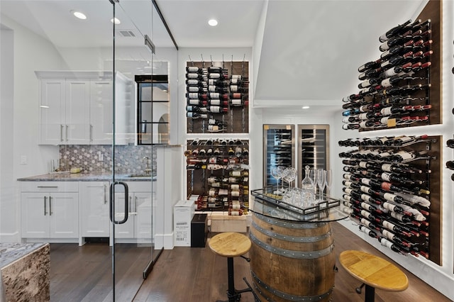 wine room with dark hardwood / wood-style flooring and sink