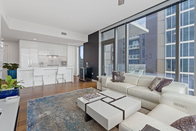 living room with sink and hardwood / wood-style flooring