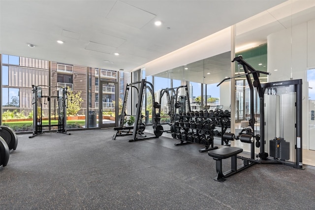 workout area with a wall of windows