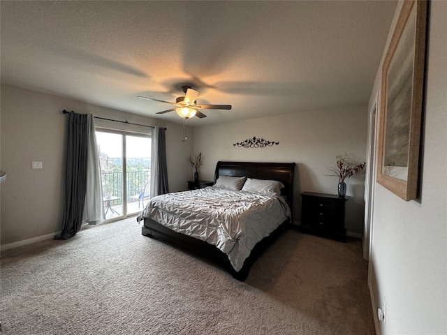 carpeted bedroom with baseboards, access to outside, a ceiling fan, and a textured ceiling