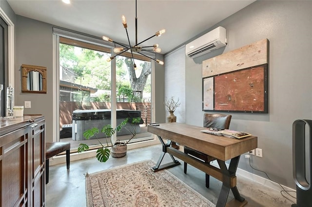 office area featuring a wall mounted AC, concrete floors, and a notable chandelier