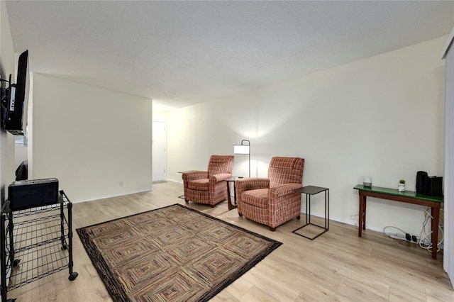 living area with a textured ceiling and light hardwood / wood-style floors