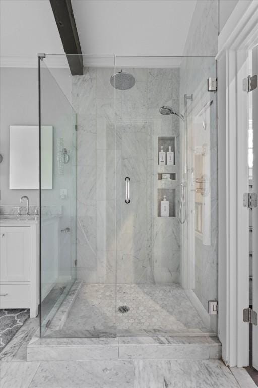 1503 Juliet St, Austin, TX 78704 - full bath with vanity, a marble finish shower, and marble finish floors