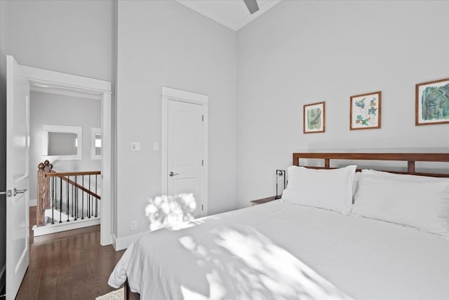 1503 Juliet St, Austin, TX 78704 - bedroom featuring dark wood-style flooring, high vaulted ceiling, and ornamental molding