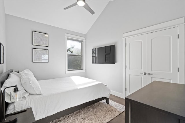 1503 Juliet St, Austin, TX 78704 - bedroom with vaulted ceiling, dark wood-style flooring, ceiling fan, and a closet