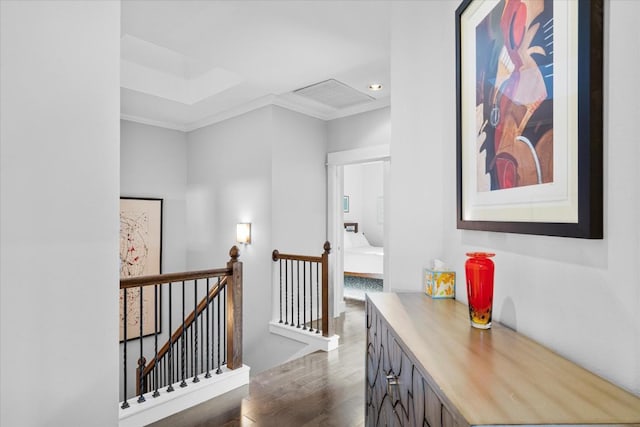 1503 Juliet St, Austin, TX 78704 - hallway with an upstairs landing, dark wood-type flooring, ornamental molding, and recessed lighting