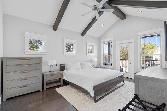 1503 Juliet St, Austin, TX 78704 - bedroom featuring access to outside, dark wood-style flooring, multiple windows, recessed lighting, and ceiling fan