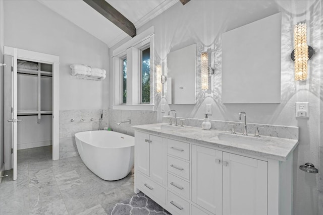 1503 Juliet St, Austin, TX 78704 - full bath with double vanity, a soaking tub, marble finish floors, and tile walls