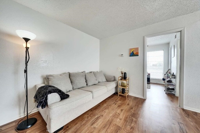 living room featuring hardwood / wood-style floors and a textured ceiling