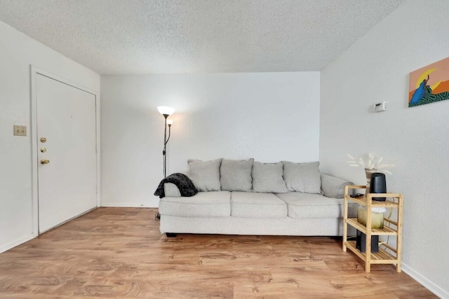 living room with a textured ceiling and light hardwood / wood-style flooring