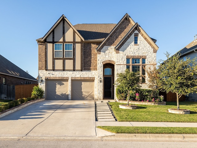 view of front of property with a front yard and a garage