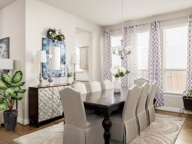 dining space with a chandelier and wood-type flooring