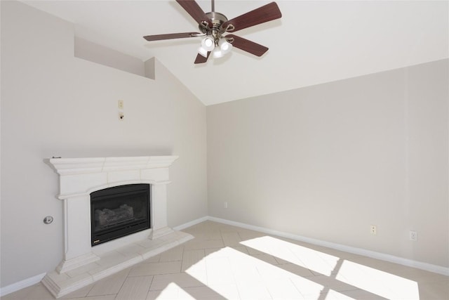 1709 Todd Ln, Cedar Park, TX 78613 - unfurnished living room with ceiling fan, baseboards, vaulted ceiling, a glass covered fireplace, and light tile patterned flooring