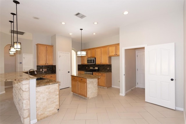 1709 Todd Ln, Cedar Park, TX 78613 - kitchen with stainless steel appliances, a sink, a peninsula, backsplash, and baseboards