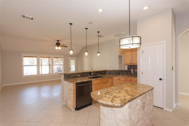 1709 Todd Ln, Cedar Park, TX 78613 - kitchen featuring black dishwasher, light brown cabinets, a sink, ceiling fan, and baseboards