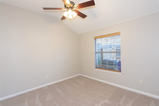 unfurnished room with carpet flooring, ceiling fan, and lofted ceiling