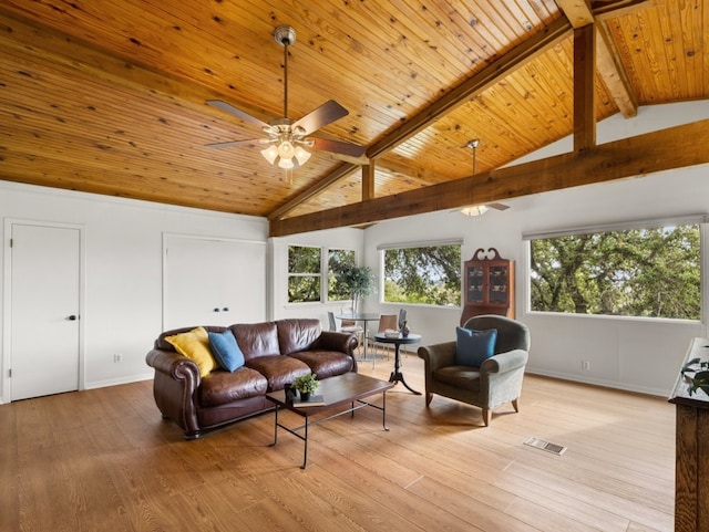 living room with beam ceiling, light hardwood / wood-style flooring, and plenty of natural light