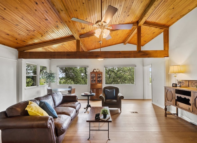 living room with hardwood / wood-style flooring, vaulted ceiling with beams, a healthy amount of sunlight, and wood ceiling